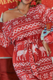 Red Fashion Casual Print With Belt O Neck Long Sleeve Dresses