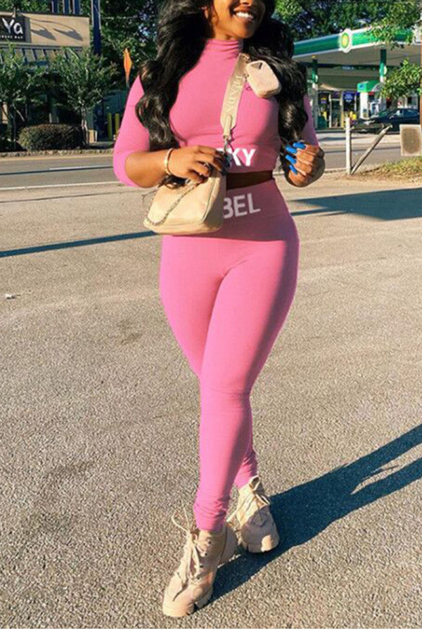 Pink Casual Sportswear Print Patchwork Half A Turtleneck Long Sleeve Two Pieces