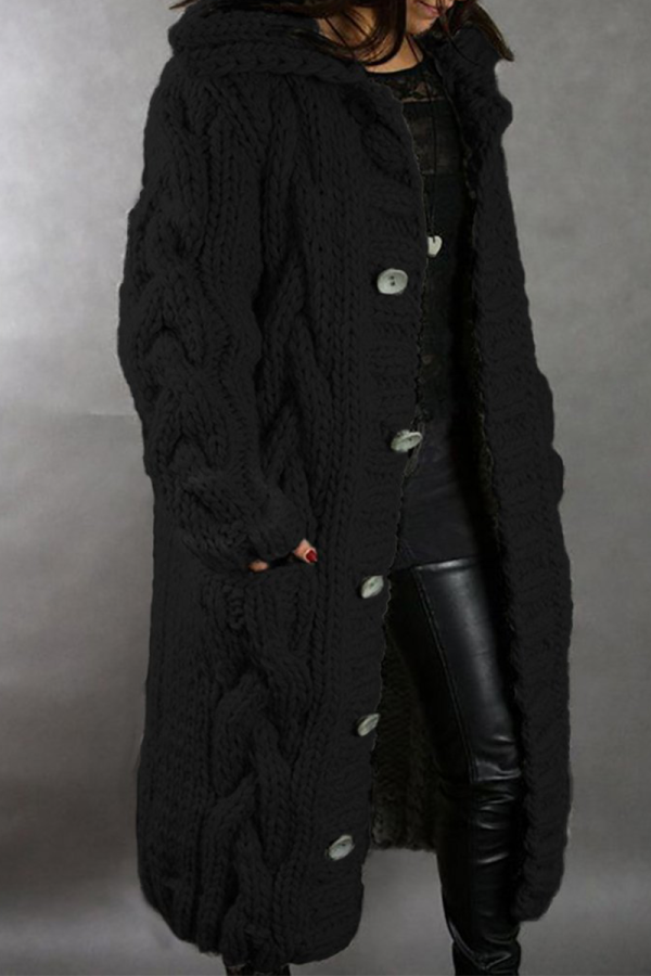 Black Casual Solid Buttons Hooded Collar Tops