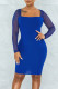 Blue Sexy Solid Patchwork See-through Square Collar One Step Skirt Dresses