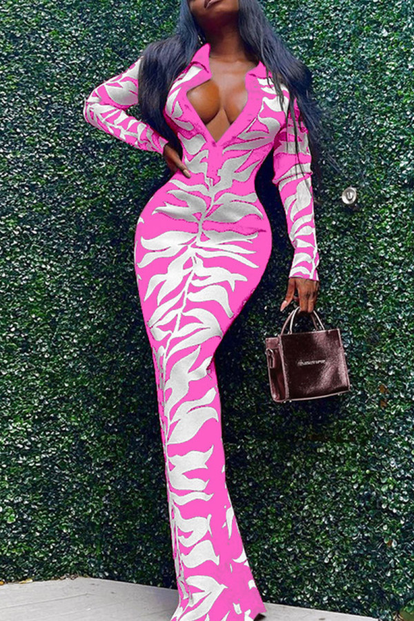 Pink Sexy Print Patchwork Buckle Turndown Collar One Step Skirt Dresses