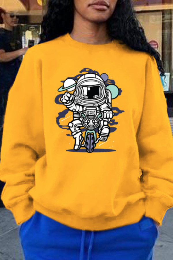 Yellow Street Cute Character Patchwork O Neck Tops