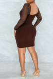 Coffee Sexy Solid Split Joint See-through Square Collar One Step Skirt Dresses