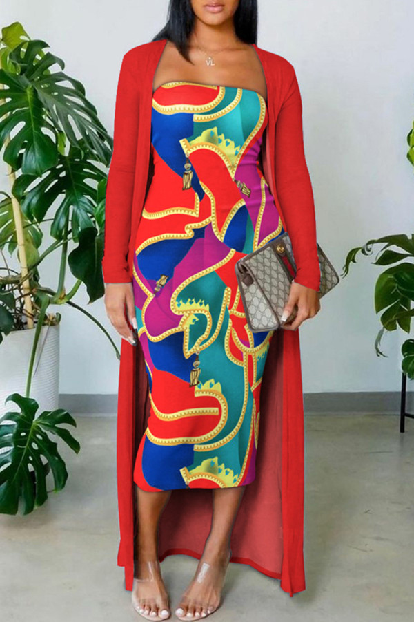 Red Fashion Sexy Print Cardigan Long Sleeve Two Pieces