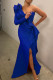 Blue Fashion Sexy Solid Patchwork Slit One Shoulder Evening Dress Dresses