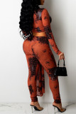 Purplish Red Fashion Casual Print Bandage Zipper Collar Long Sleeve Two Pieces