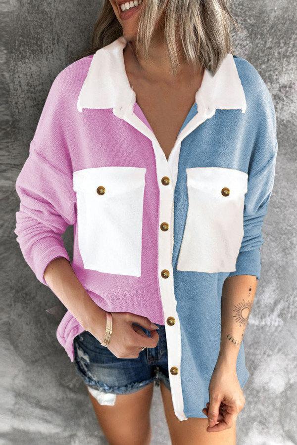 Blue Casual Solid Patchwork Pocket Buckle Turndown Collar Tops