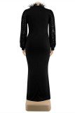 Black Fashion Plus Size Patchwork Sequins O Neck Long Sleeve Evening Dress