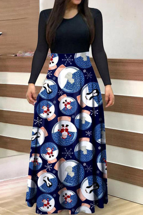 Deep Blue Casual Print Patchwork O Neck A Line Dresses