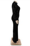 Black Fashion Plus Size Patchwork Sequins O Neck Long Sleeve Evening Dress