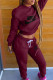 Burgundy Fashion Street Print Letter O Neck Long Sleeve Two Pieces