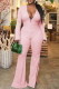 Pink Sexy Solid Patchwork Slit V Neck Straight Jumpsuits