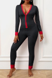 Black Fashion Living Print Split Joint V Neck Regular Jumpsuits