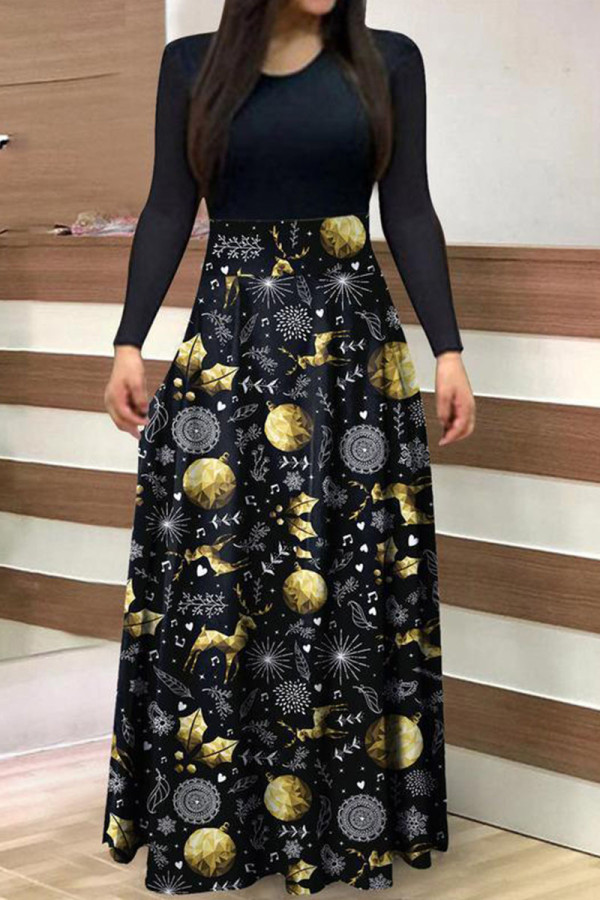 Black Yellow Casual Print Patchwork O Neck A Line Dresses