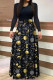 Black Yellow Casual Print Patchwork O Neck A Line Dresses