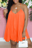 Orange Sexy Solid Hollowed Out Backless Spaghetti Strap Sleeveless Dress