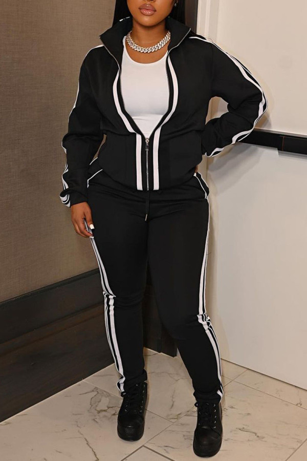 Black Casual Sportswear Solid Patchwork Zipper Zipper Collar Long Sleeve Two Pieces
