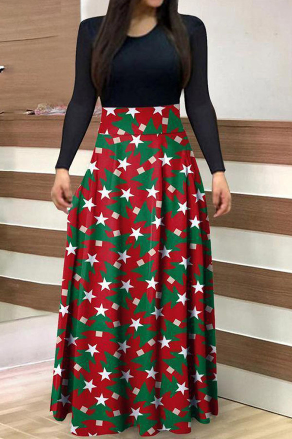 Red Green Casual Print Patchwork O Neck A Line Dresses