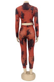 Purplish Red Fashion Casual Print Bandage Zipper Collar Long Sleeve Two Pieces