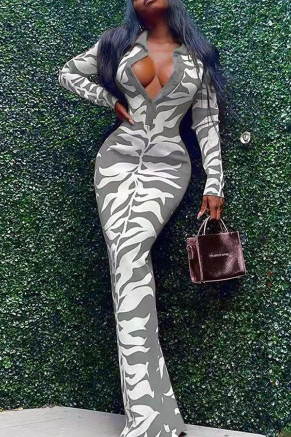 Grey Sexy Print Patchwork Buckle Turndown Collar One Step Skirt Dresses