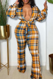 Yellow Fashion Casual Plaid Print Bandage Turndown Collar Regular Jumpsuits