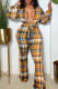 Yellow Fashion Casual Plaid Print Bandage Turndown Collar Regular Jumpsuits