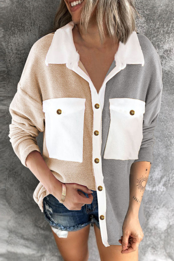 Grey Casual Solid Patchwork Pocket Buckle Turndown Collar Tops