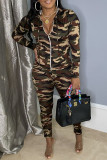 Camouflage Fashion Casual Camouflage Print Basic Zipper Collar Long Sleeve Two Pieces