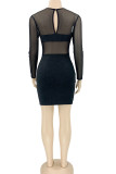 Black Sexy Solid Patchwork See-through O Neck One Step Skirt Dresses