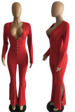 Red Sexy Solid Patchwork Slit V Neck Straight Jumpsuits
