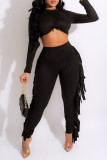 Red Casual Solid Tassel Patchwork O Neck Long Sleeve Two Pieces