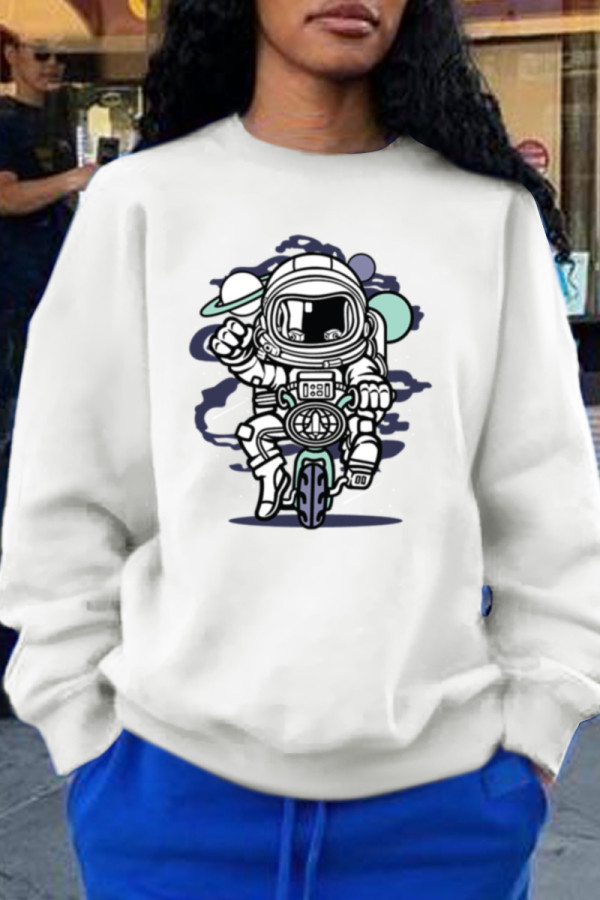 White Street Cute Character Patchwork O Neck Tops
