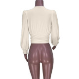 White Sexy Solid Patchwork Fold V Neck Tops