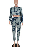 Blue Casual Print Patchwork O Neck Long Sleeve Two Pieces