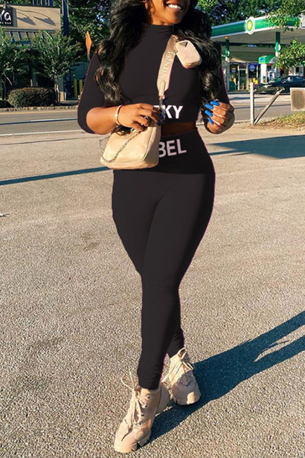 Black Casual Sportswear Print Patchwork Half A Turtleneck Long Sleeve Two Pieces