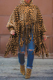 Leopard Print Street Print Leopard Tassel Split Joint O Neck Tops
