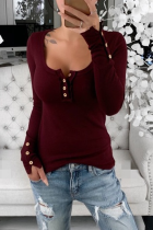 Burgundy Sexy Solid Buckle O Neck Tops