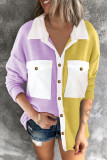 Blue Casual Solid Patchwork Pocket Buckle Turndown Collar Tops