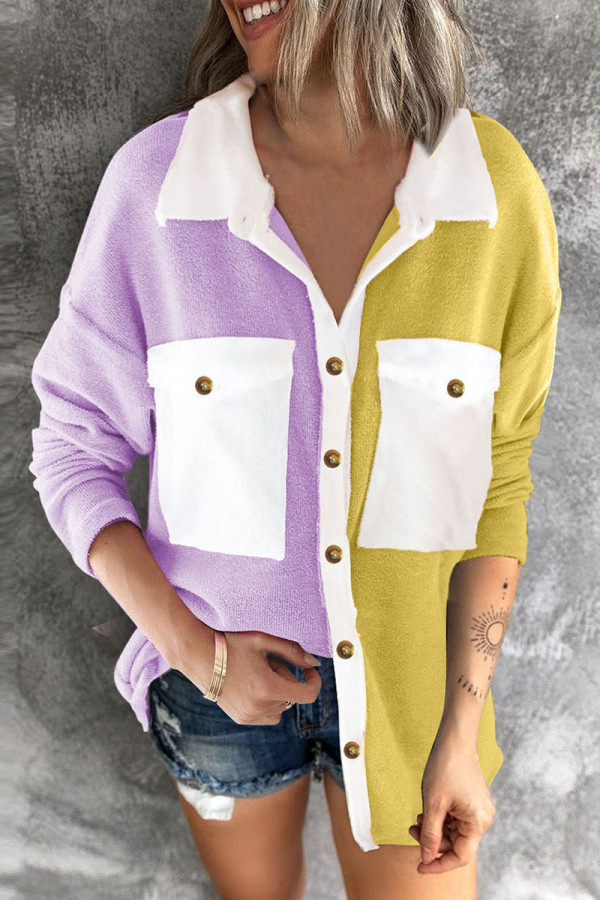 Yellow Casual Solid Patchwork Pocket Buckle Turndown Collar Tops