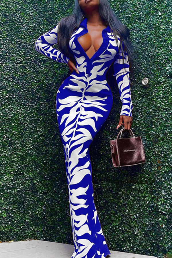 Blue Sexy Print Patchwork Buckle Turndown Collar One Step Skirt Dresses
