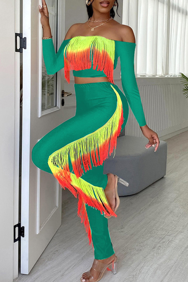 Green Sexy Solid Tassel Strapless Long Sleeve Two Pieces