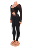 Black Fashion Patchwork Solid See-through Asymmetrical V Neck Long Sleeve Two Pieces