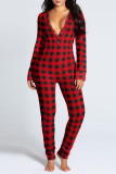 Red Fashion Living Plaid Print Patchwork V Neck Regular Jumpsuits