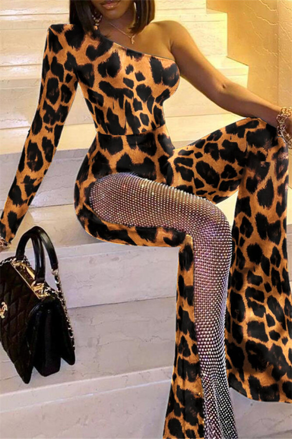 Leopard Print Fashion Casual Print Leopard Patchwork Backless Oblique Collar Regular Jumpsuits