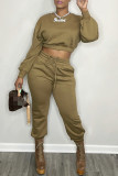 Coffee Fashion Casual Solid Basic O Neck Long Sleeve Two Pieces