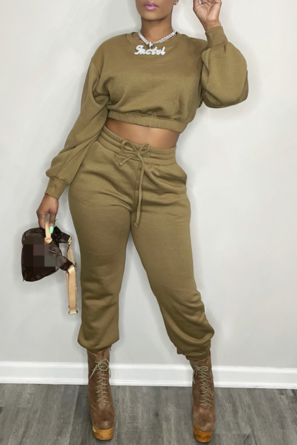 Coffee Fashion Casual Solid Basic O Neck Long Sleeve Two Pieces