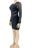 Black Sexy Solid Patchwork See-through O Neck One Step Skirt Dresses