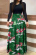 Green Casual Print Patchwork O Neck A Line Dresses