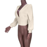 White Sexy Solid Patchwork Fold V Neck Tops