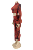 Purplish Red Fashion Casual Print Bandage Zipper Collar Long Sleeve Two Pieces